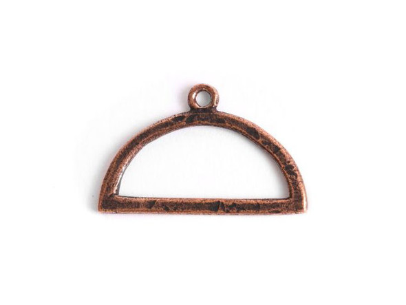 Bring geometric style to your designs with this open frame half-circle hoop pendant from Nunn Design. This pendant has a half-circle shape with an open design. You can use it as-is or use it as a base for wire wrapping or other techniques. This pendant features a warm copper color. Inside Dimensions: 24.4 x 10.3mm