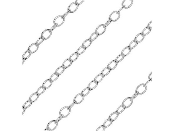 This delicate cable chain is from the Elements of Inspiration collection by Nunn Design. This chain is silver-plated with a bright finish. This chain is a great start for any bracelet or necklace project. Measurements: Chain links are 2.5mm long, 2mm wide and 0.4mm thick (26 gauge).