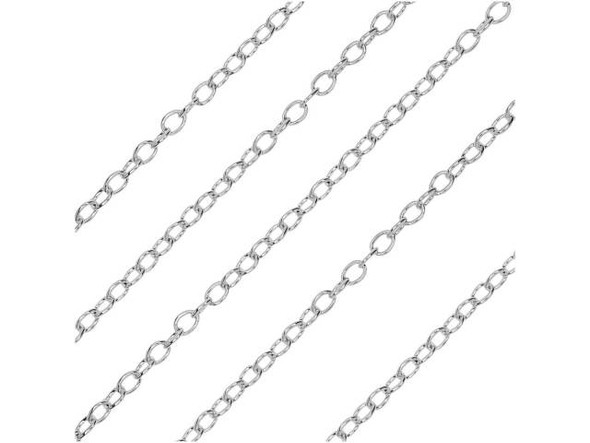 This delicate cable chain is from the Elements of Inspiration collection by Nunn Design. This chain is silver-plated with a bright finish. This chain is a great start for any bracelet or necklace project. Measurements: Chain links are 2.5mm long, 2mm wide and 0.4mm thick (26 gauge).