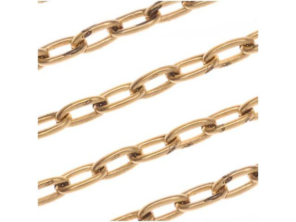 Start your next project with this Antiqued Gold Plated Brass Cable Chain from Nunn Design. This chain features lightweight oval links. The plating and finishes are designed to match all Patera findings. This chain would work great for necklace or bracelet projects. Measurements: Chain is 2.3mm wide. Each link is approximately 4.3mm long and will fit up to 18 gauge wire or jump rings. The wire making up each link is .59mm thick (20-22 gauge).