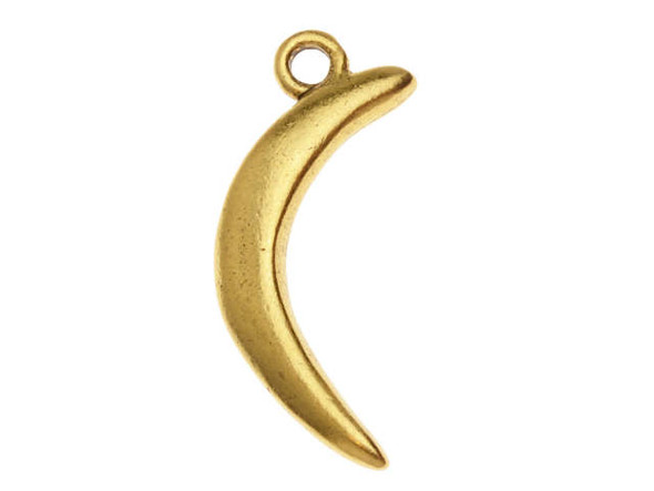Add subtle style to your designs with this Nunn Design primitive crescent moon charm. This charm has a simple organic crescent shape. There is a loop at the top of the charm so it is easy to use in your designs. You can use it with other charms, or even use it alone as a pendant. It features a classic gold color. Dimensions: 23.5 x 9.4mm, Hole Size: 2.1mm