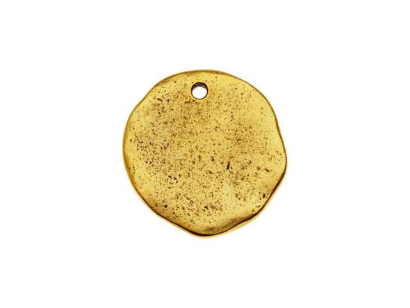 You'll love creating artisan style with this Nunn Design charm. This tag charm features an irregular circle shape with an organic texture. The models for this flat tag were formed by hand, so each one has a beautiful handmade look with an irregular surface. You can showcase this charm as-is or create metal stamped designs, embellish with crystals or epoxy clay, and more. Use the hole at the top of the tag to add this piece to necklaces, bracelets, and even earrings. This charm features a beautiful golden glow full of regal appeal.