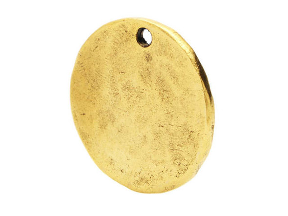 Bring regal shine to your designs with the Nunn Design gold-plated pewter mini hammered flat small circle tag charm. This flat circular charm features a stringing hole drilled through the top, so it's easy to add to designs. It is versatile in size and would look good as a pendant in a necklace or in bold, dangling earrings. Use metal stamping for a personalized look. The hammered texture adds an interesting look to designs. This charm features a golden color full of classic style. Diameter 21mm, Hole Size 1.6mm/14 gauge