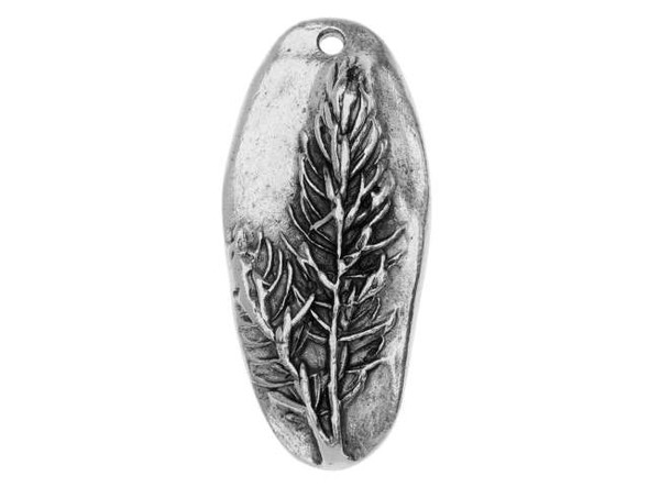 Add forest flair to your style with this Nunn Design charm. This charm features a bold oval shape with irregular edges, for an organic look. The front is decorated with a raised design of pine needles, inspired by the massive trees that cover the landscape of Alaska. The back of this charm is plain. A small hole at the top of the charm makes it easy to add to designs. It would make a wonderful focal point in a necklace project. This charm features a versatile silver color that will work with any color palette. Hole Size 1.63mm/14 gauge, Length 40mm, Width 18mm