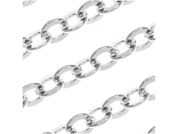 Start your next necklace or bracelet design with this Silver Plated Brass Flat Cable Chain from Nunn Design. This chain features flat oval links. The plating and finishes are designed to match all Patera findings. Measurements: Chain is 3.6mm wide. Each link is approximately 4mm long and .45mm thick.