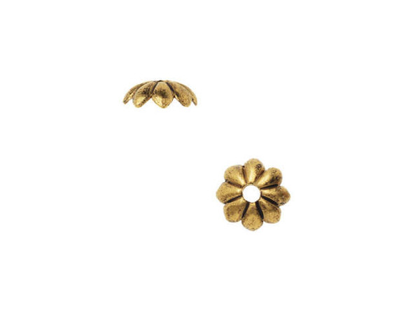 Put a touch of golden shine in your designs with the Nunn Design antique gold-plated brass petal bead cap. This small bead cap features a floral shape with eight petals that curve upward. This bead cap will nest against beads to create a professional and polished look within designs. Try it with regal red beads in a luxurious bracelet design. This bead cap displays a lovely golden shine that would look great with deep purple, sapphire blue and other classic colors. Diameter 6mm, Fits Bead Size 7mm, Hole Size 1.3mm/16 gauge, Length 2mm