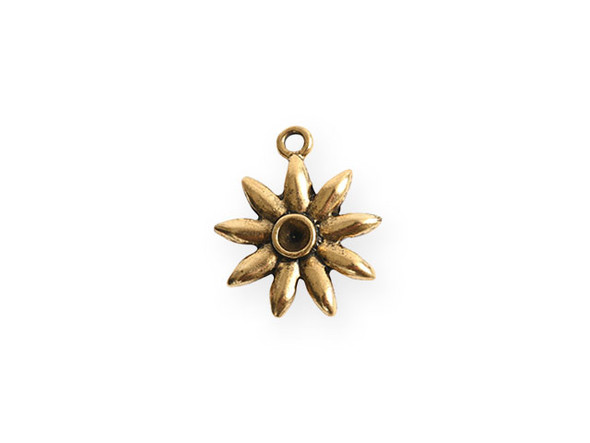 Bring floral style to your designs with this tiny bezel burst pendant from Nunn Design. This pendant features a starburst shape that resembles a flower and has round bezel in the center. This bezel has a 3mm diameter and works well with 24pp size chatons. There is a loop at the top of the pendant which makes it easy to add to your designs. This pendant features a classic gold color. Bezel Dimensions: Inner Diameter 3mm