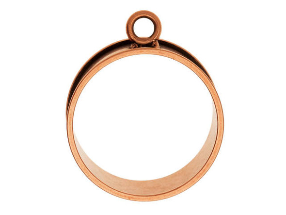 It's easy to create custom style with the Nunn Design antique copper-plated brass large open bezel deep channel large circle pendant. This bold circular pendant allows you to create all kinds of fun jewelry. The bezel is deep, so you can fill it with resin, add more components, embed epoxy clay and more. The outer ring features a channel surface that can also be decorated with epoxy clay. With so much versatility, you can showcase the outside surface, the inside, or both. A small ring at the top of the pendant makes it easy to add to designs. This pendant features a warm coppery glow. Diameter 24mm, Hole Size 3mm, Width 9.5mm