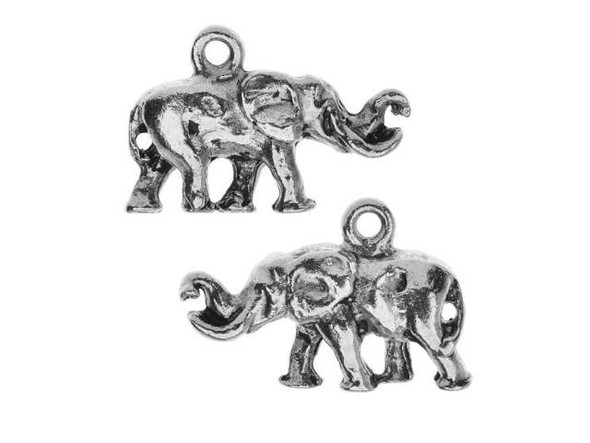 It's fun adding animal style to designs with the Nunn Design antique silver-plated pewter small elephant charm. This small charm is shaped like an elephant with tusks and a curled trunk. This three-dimensional, detailed charm will look beautiful from every angle. The loop at the top of the elephant's back makes it easy to add to designs. Use it as an accent in a necklace or try it in a charm bracelet. This charm features a silver shine with dark color in the recesses of the design. Hole Size 1.6mm/14 gauge, Length 13.5mm, Width 21mm