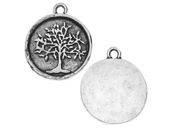 Put meaningful style into designs with the Nunn Design antique silver-plated pewter tree of life charm. This circular charm features a raised design of a tree with many branches and leaves. This noble looking charm makes a great symbol of wisdom and knowledge in designs. The back of the charm is flat and smooth. You can use this charm as a small pendant or in charm bracelets. It features a versatile silver shine. Hole Size 1.6mm/14 gauge, Length 23.5mm, Width 20mm