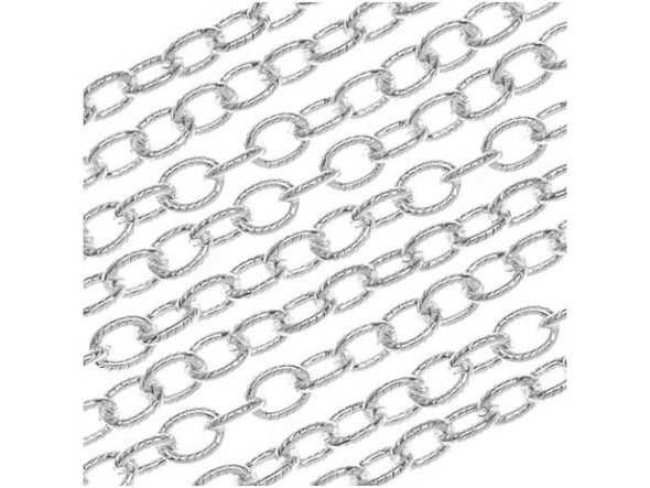 Start your next necklace or bracelet design with this Silver Plated Brass Cable Chain from Nunn Design. This chain features lightweight oval links. The plating and finishes are designed to match all Patera findings. Measurements: Chain is 4mm wide. Each link is approximately 5mm long. The wire making up each link is .8mm thick (20 gauge).