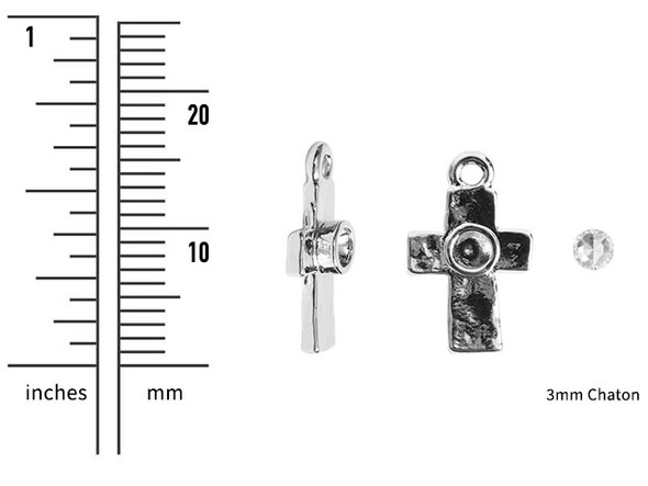 Bring a meaningful element to your designs with this tiny bezel rustic cross pendant from Nunn Design. This pendant features a simple cross shape with a small bezel in the middle. This bezel can be used to set a crystal or can be used with epoxy clay or other mixed media elements. The bezel has a diameter of 3mm and is well suited to a 24pp size chaton. This pendant has bright silver shine that will work with any palette. Bezel Dimensions: Inner Diameter 3mm