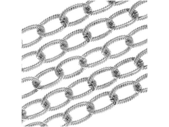 Start your next design with this Antiqued Silver Plated Brass Cable Chain from Nunn Design. This chain features lightweight oval links that have texture on the inside of each link. The plating and finishes are designed to match all Patera findings. Measurements: Chain is 6.4mm wide. Each link is approximately 9.5mm long. The wire making up each link is 1.3mm thick (15 gauge).