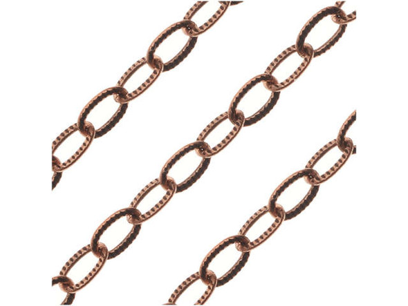 This textured cable chain is from the Elements of Inspiration collection by Nunn Design. This chain is copper-plated with an antiqued finish. This chain is a great starting point for your next necklace or bracelet design. The links are oval in shape and textured on both sides. Measurements: Each link is 4mm long, and 2.5mm wide.