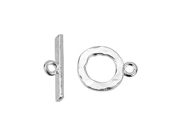 Add shine to your designs with the Nunn Design silver-plated pewter small hammered toggle clasp set. This simple toggle clasp set includes a straight bar component and a circular loop component. Each one has a loop attached to it so you can easily add them to designs. The hammered texture creates an earthy look perfect for modern and boho styles alike. This small clasp is great for delicate necklaces and seed bead bracelets. It features a bright silver gleam. Bar Length 19mm, Hole Size 2mm/12 gauge, Loop Length 17mm, Loop Width 13mm, Opening Diameter 8.5mm