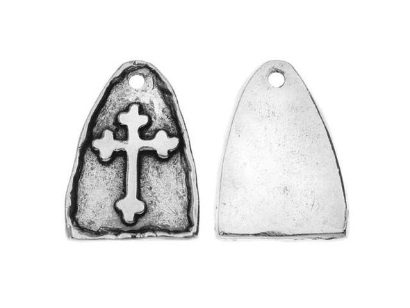 Let your designs shine with the Nunn Design antique silver-plated pewter cross arch charm. This arch-shaped charm is decorated with a raised design of a cross. It features a medieval style that will add interest to designs. The back of the charm is plain, but features a hammered texture to match the style of the front. A stringing hole is drilled through the top, so you can easily add it to designs. It would make a lovely small pendant. It features a versatile silver shine. Hole Size 1.6mm/14 gauge, Length 22mm, Width 16mm