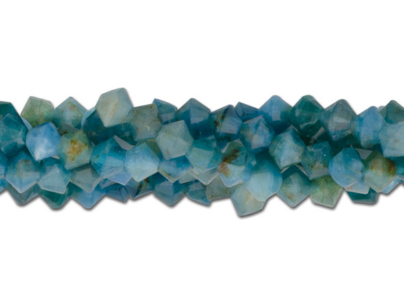 Create glittering gemstone accents in your jewelry designs with these Dakota Stones beads. These small beads take on a classic bicone shape with beautiful facets that shine from every angle. You'll love the way they catch the eye in your projects. Use these small beauties as spacers between bigger beads or alongside seed beads. The name apatite derives from the Greek word "apate," meaning to deceive, because it is often mistaken for other stones. The color of this material is such a vibrant blue that it is difficult to believe it could be found naturally. But this color is natural. Metaphysical Properties: Often called a dual-action stone, blue apatite is used to achieve goals. It removes negativity, confusion and stimulates the mind to expand knowledge and truth. It is a great stone for encouraging inspiration and is famous for deepening meditation. Because gemstones are natural materials, appearances may vary from piece to piece. Each strand includes approximately 115 beads. Dimensions: 4mm, Hole Size: 0.8mm
