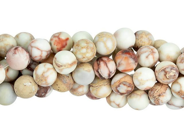 Add natural accents to designs with these Dakota Stones beads. These gemstone beads feature a classic round shape that will work anywhere. They are versatile in size, so you can use them in necklaces, bracelets and earrings. Impression jasper naturally occurs in colors of tan, pale blue-green and crimson in striking patterns. It is often color-enhanced to bring out these patterns, however this is the natural stone with no color enhancement. You'll love the organic matte appearance. Metaphysical properties: Impression Jasper is used to find clarity and inner peace.Because gemstones are natural materials, appearances may vary from piece to piece. Each strand includes approximately 65 beads.