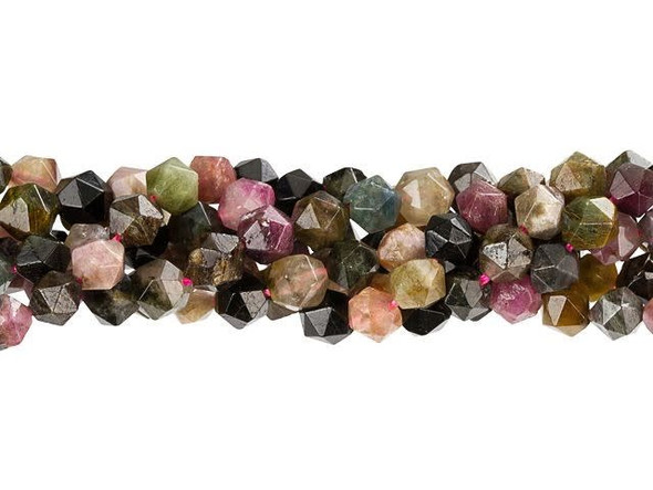 Decorate styles with the many colors of these Dakota Stones beads. These tourmaline beads feature a round shape with a star cut filled with triangular facets. The facets gleam from every angle, so they are sure to draw attention to designs. They are versatile in size, so you can use them in necklaces, bracelets, and even earrings. These beads feature a variety of colors, from pink and dark green, to ivory, brown, and gray. Pair them with lush greens for a spring theme, warm them up with copper elements, or make them pop by contrasting them with black.Because gemstones are natural materials, appearances may vary from piece to piece.