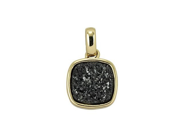 Decorate designs with the glittering beauty of this Dakota Stones druzy charm. This charm features a square-shaped bezel that holds a sparking druzy in place. Druzy is a coating of fine crystals on a rock fracture surface, vein or within a geode. A titanium treatment creates a beautiful metallic effect on the rough surface of the druzy. An oval-shaped bail is attached to the loop at the top of the charm, so it's easy to slide into designs. Showcase it in charm bracelets, necklaces, and even earrings. The druzy features a bold black color, while the bezel shines with classic gold beauty. Because gemstones are natural materials, appearances may vary from piece to piece.Gemstone Size 9 x 9mm