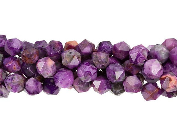 Add enticing color to designs with these Dakota Stones beads. These gemstone beads feature a round shape with a star cut filled with triangular facets. You'll love using these beads in matching necklace and bracelet sets. These beads feature purple color swirled with banded patterns of burgundy and black. Mexican crazy lace agate is normally an opaque white gemstone with swirling patterns, but these beads are color enhanced to emphasize these beautiful patterns. Color enhancing is common among agates to make them fashionably relevant. Metaphysical Properties: Often called the happy stone, crazy lace agate promotes laughter and optimism.Because gemstones are natural materials, appearances may vary from piece to piece. Each strand includes approximately 50 beads.