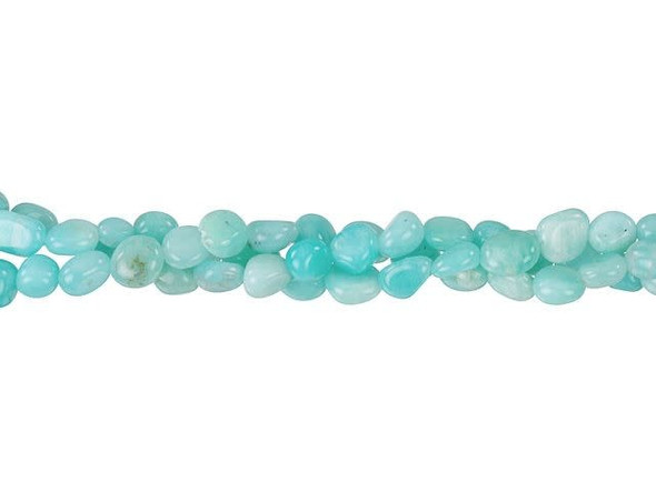 You'll love the tropical colors of these Peruvian Amazonite beads. These gemstone beads from Dakota Stones feature turquoise blue color that is sure to stand out in your style. They all feature rounded pebble shapes that will add an organic feel to any jewelry piece. Pair them with other shades of blue for an ocean look, or try them with green and yellow for a spring feel. These beads are available by the strand, so you'll have plenty to work with. Metaphysical Properties: Amazonite is said to balance energy, while promoting harmony and universal love. It is often called the stone of courage and the stone of truth, as it provides the ability to discover truths and integrity.Because gemstones are natural materials, appearances may vary from bead to bead. Each strand includes approximately 62-92 beads.Length 4-6.5mm, Width 4-6mm