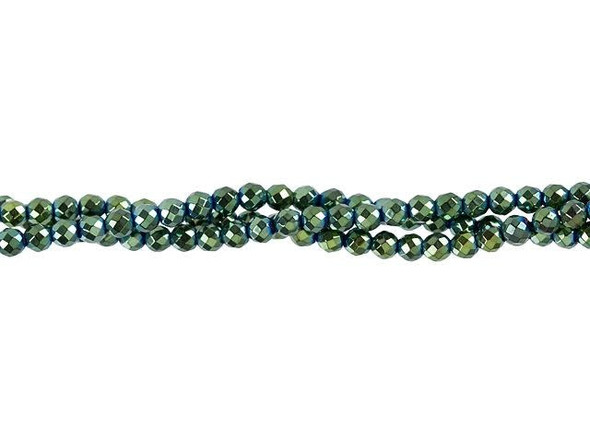 Add some shine to designs with the Dakota Stones 3mm green-plated hematite faceted round beads. These beads feature a classic rounded shape with facets cut into the surface for extra shine. They are small in size, so you can use them as spacers or as pops of color in earrings. They feature a shining golden green color. Metaphysical Properties: Often called "The Blood Stone," hematite is a great stone for physical and mental healing.Because gemstones are natural materials, appearances may vary from piece to piece. Each strand includes approximately 135-178 beads.