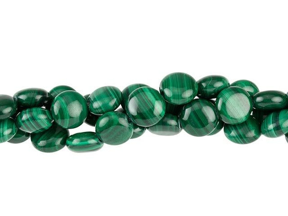 Earthy elegance fills these Dakota Stones gemstone beads. The puff coin shape is wonderfully versatile. You can use these beads as an accent to lend extra color or dimension to a statement piece or you can use them as substitutes for rounds in simple strung and knotted designs. They also work as focal elements in a structured piece of bead weaving. Malachite is a copper carbonate with a bright green color and dark green banding. It was used extensively as decoration in the palaces of Russian Tsars. Metaphysical Properties: Malachite is said to be a stone of protection and transformation. Because gemstones are natural materials, appearances may vary from piece to piece. Each strand includes approximately 25 beads.