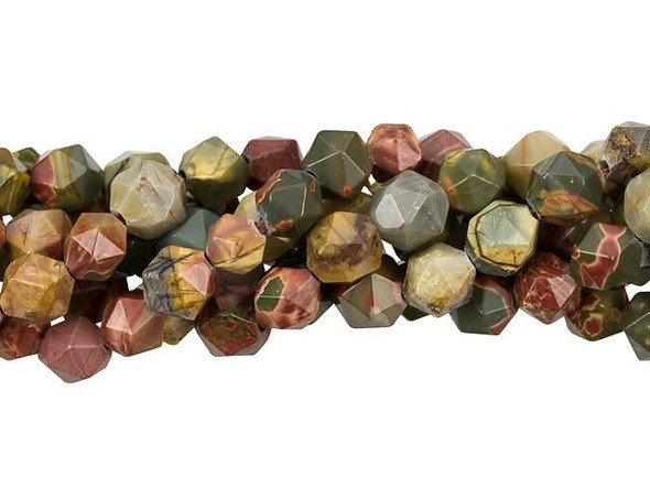 Earthy and organic style fills these Dakota Stones beads. These gemstone beads feature a round shape with a star cut filled with triangular facets. You'll love using these beads in matching necklace and bracelet sets. These beads feature a combination of softly muted shades of mustard yellow, olive green, and burnt red in patterns reminiscent of a picturesque sunset. Red Creek jasper is also known as Cherry Creek jasper, multi-Picasso jasper or red Picasso jasper. Often the material of these beads is strengthened through stabilization. Metaphysical Properties: Red Creek jasper is believed by some to bring balance and relaxation. Like all jaspers, it is a stone of protection and grounding.Because gemstones are natural materials, appearances may vary from bead to bead. Each strand includes approximately 48 beads.