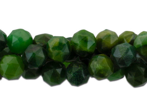 Deep greens fill these Dakota Stones 6mm verdite double heart star cut beads. These beads feature diamond cut double heart facets that help them catch the light. These gemstone beads have a mix of green colors like a verdant forest. Verdite is a light to dark-green metamorphic rock, and is a variety of Fuchsite, which is itself a form of Muscovite. Metaphysical Properties: Verdite is said to represent healing, courage, strength and vitality. Because gemstones are natural materials, appearances may vary from piece to piece. Each strand includes approximately 64 beads. Dimensions: 6mm