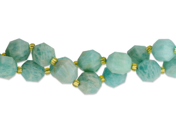 Energize your designs with this Dakota Stones amazonite faceted 10mm energy prism bead strand. The beads on this strand feature a faceted cut helping them catch the light. This strand features spacers between each of the beads, so you could use it as-is, or string the beads into a design. Amazonite is also known as Amazon stone. Metaphysical Properties: Amazonite is said to balance energy, while promoting harmony and universal love. It is often called the stone of courage and the stone of truth, as it provides the ability to discover truths and integrity. Because gemstones are natural materials, appearances may vary from piece to piece. Size: 10mm, Hole Size: 0.8mm