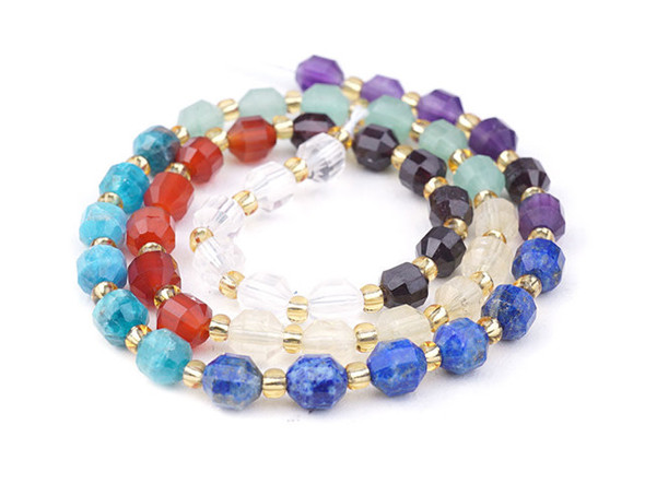 Energize your designs with this Dakota Stones chakra stones faceted 6mm energy prism bead strand. The beads on this strand feature a faceted cut helping them catch the light. This strand features spacers between each of the beads, so you could use it as-is, or string the beads into a design. This strand contains 8 different varieties of gemstones representing the different Chakras. The included gemstones are Amethyst, Lapis, Blue Apatite, Green Aventurine, Citrine, Carnelian, Red Garnet and Crystal Quartz.  Because gemstones are natural materials, appearances may vary from bead to bead.