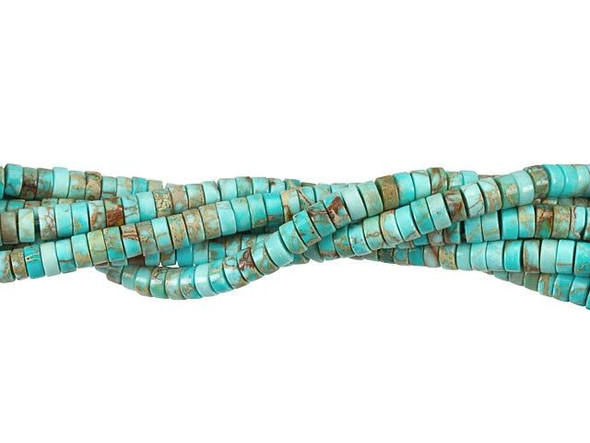 You can add small hints of blue to designs with these Dakota Stones impression jasper beads. These gemstone beads feature a cylindrical heishi shape, so they are great for use as spacers. Use them between larger beads, or layer them together for a unique look. They are small in size, so they will make nice accents anywhere. Impression jasper comes in a variety of colors. These beads have been dyed a bright aqua blue color, which creates a striking contrast with the tan and crimson matrix colors. Metaphysical properties: Impression Jasper is used to find clarity and inner peace.Please note that these beads are made from composite gemstones. Because gemstones are natural materials, appearances may vary from piece to piece. Each strand includes approximately 196 beads.