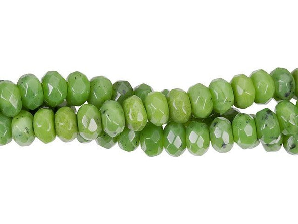 Bring mossy color to designs with these Dakota Stones beads. These gemstone beads feature lush green color with flecks of black in the matrix, for an earthy look you won't want to pass up. These rounded beads are also faceted for extra shine. You can use these beads as spacers between larger beads. They would look great in matching necklace and bracelet sets. They feature wide stringing holes, so you can use them with thicker stringing materials, like leather.Because gemstones are natural materials, appearances may vary from bead to bead. Each strand includes approximately 24 beads.Diameter 8mm, Hole Size 2.6mm/10 gauge, Width 5mm