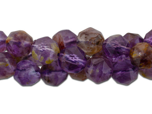 Bold colors fill these Dakota Stones 8mm Cacoxenite double heart star cut beads. These beads feature diamond cut double heart facets that help them catch the light. These gemstone beads feature a regal purple color speckled with an earthy brown. Cacoxenite is the trade name for this naturally occurring blend of seven stone types. This stone, often called the "Super Seven" or "Melody Stone" contains amethyst, clear quartz, smoky quartz, lepidocrosite, goethite, and rutile. Metaphysical Properties: Cacoxenite is said to be a healing and harmonizing stone. Because gemstones are natural materials, appearances may vary from piece to piece. Each strand includes approximately 48 beads. Dimensions: 8mm