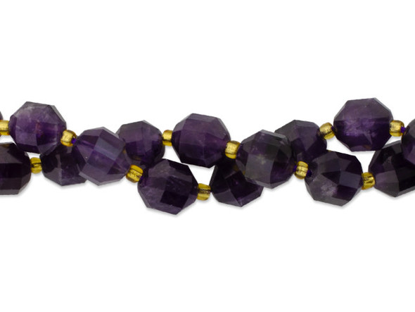 Energize your designs with this Dakota Stones amethyst faceted 10mm energy prism bead strand. The beads on this strand feature a faceted cut helping them catch the light. This strand features spacers between each of the beads, so you could use it as-is, or string the beads into a design. This strand features purple amethyst beads. Metaphysical Properties: This stone's name is derived from the Greek word amethystos, meaning "not drunken." People of ancient times believed it to protect the wearer from drunkenness. Today, this gemstone is believed to promote happiness. Because gemstones are natural materials, appearances may vary from piece to piece. Size: 10mm, Hole Size: 0.8mm