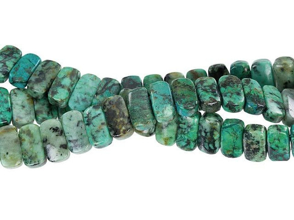 Fill your designs with vibrant color using these Dakota Stones gemstone beads. These African Turquoise Jasper beads feature a rectangular shape and two stringing holes, so you can use them in multi-strand designs. These versatile beads would make wonderful watch bands. Each bead features turquoise blue color with a black matrix. This stone is mined in Africa and is actually a type of spotted teal Jasper rather than turquoise. It is given its industry name because the matrix structure and shade is similar to that of turquoise. Metaphysical Properties: Often called the stone of evolution, African Turquoise Jasper encourages growth and development not only in the body, but in the mind. Some spiritualists believe that it will attract money to the wearer.Because gemstones are natural materials, appearances may vary from piece to piece. Each strand includes approximately 40 beads.