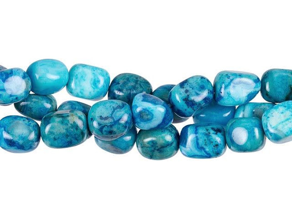 Splashy colors come alive in these gemstone beads. Each bead features beautiful blue patterns, like rippling ocean waters. The rounded nugget shape is great for necklaces, bracelets, and even earrings. Mexican crazy lace agate is normally an opaque white gemstone with swirling patterns, but these beads are color enhanced with blue coloring to emphasize these beautiful patterns. Color enhancing is common amongst agates to make them fashionably relevant. They have a Mohs hardness of 6.5-7. Metaphysical Properties: Often called the happy stone, crazy lace agate promotes laughter and optimism. Because gemstones are natural materials, appearances may vary from piece to piece. Each strand includes approximately 14 beads.