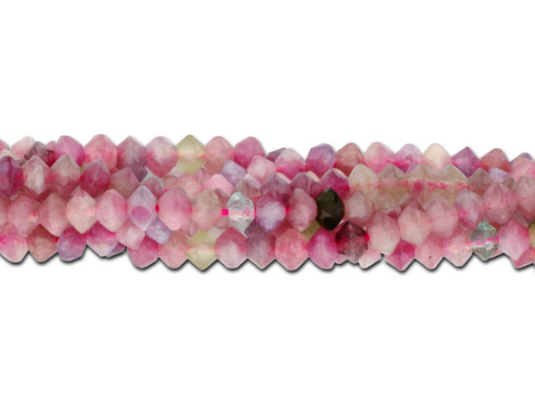 Accent your designs with the gemstone glitter of these Dakota Stones diamond cut faceted saucer beads. These beads feature a saucer shape with facets that catch the light for extra shine. Their small size makes them work great as spacers, or to add a pop of color to your design. Pink Tourmaline ranges in color from light pink to deep magenta, with inclusions of white to colorless translucent or transparent. Tourmaline occurs in nearly every color in the rainbow and its name derives from &ldquo;turmali,&rdquo; the Sinhalese word for &ldquo;mixed color precious stone.&rdquo; Tourmaline is unusual in that it is both pyroelectric and piezoelectric, meaning it becomes magnetically charged from heat or friction. Because gemstones are natural materials, appearances may vary from piece to piece. Dimensions: 3 x 4mm, Hole Size: 0.8mm