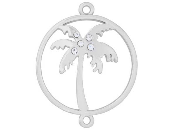 Add some festive fun to your designs with this palm tree connector. This connector features a circular frame with a palm tree in the middle. The leaves of the tree are decorated with small crystals. There are loops at the top and bottom of the frame. This connector has a versatile silver shine.