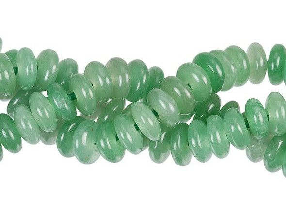 For enviable style try these green aventurine beads from Dakota Stones. These beads feature a roundel shape that will look great between larger beads. Use them in necklaces and bracelets for a bold display. They feature large stringing holes, so you can use them with thicker stringing materials, like leather. Aventurine is a form of quartz and most commonly displays a green color. Metaphysical properties: Green aventurine is believed to be a lucky stone, promoting wealth and prosperity.Because gemstones are natural materials, appearances may vary from bead to bead. Each strand includes approximately 20 beads.