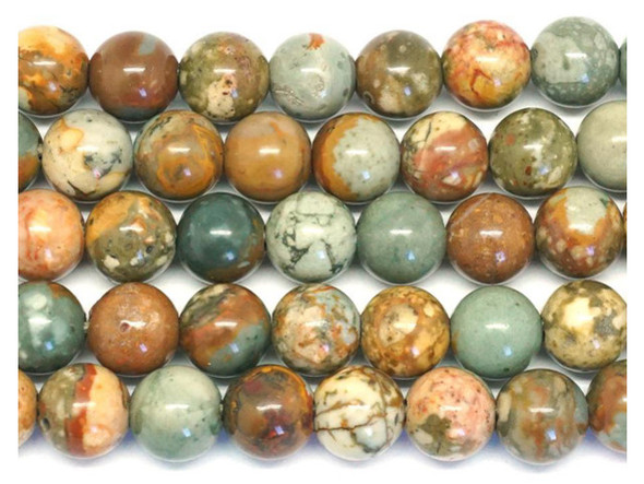 Add gemstone style to your next design with these beads from Dakota stones. These beads are perfectly round in shape and feature a versatile size that you can use in all kinds of designs. These beads would look wonderful in matching necklace and bracelet sets. Their large stringing hole makes these beads great for use with thicker stringing materials. Rocky Butte Jasper is mined in Oregon and may have either dendritic or landscape qualities. It may also be called Rocky Butte Picture Jasper. The combination of color and pattern variation are reminiscent of Red Creek Jasper, although the colors are much more muted. Rocky Butte Jasper strands are predominantly shades of gray, brown and tan with some beads or inclusions of rust and rose. Because gemstones are natural materials, appearances may vary from bead to bead.