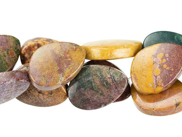 Lovely, rich colors fill these Dakota Stones gemstone beads. Each bead features a unique oval shape that looks like a smooth river rock. These beads are versatile in size, so you can showcase them in long necklace strands or dangle them from head pins as eye-catching charms. Named for the village near where it is found in Madagascar, Kabamby Ocean Jasper is known for its colors - dark green and mustardy yellow, with accents of pink, red, and white. You'll also love the beautiful patterns. Metaphysical Properties: Ocean Jasper is believed to be linked to the lost city of Atlantis and to hold mystic knowledge. Because gemstones are natural materials, appearances may vary from bead to bead. Each strand includes approximately 11 beads. 