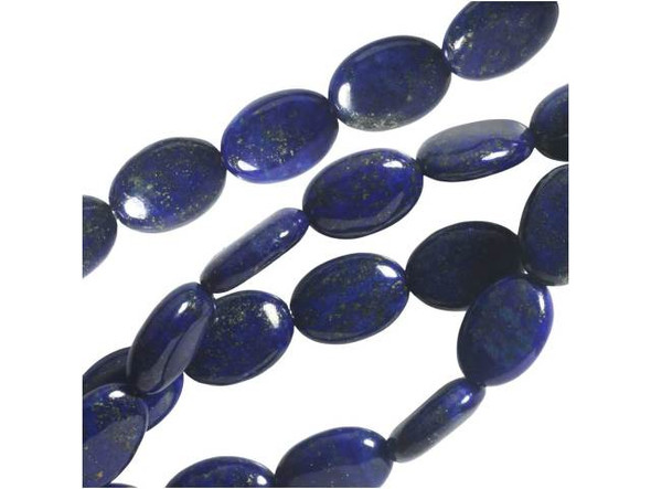 These lapis lazuli 10x14mm oval beads from Dakota Stones feature intense blue color like that of a desert night sky. These simple oval-shaped beads feature deep blue color flecked with golden sparkles. Lapis lazuli is a semi-precious stone that contains primarily lazurite, calcite and pyrite. It was among the first gemstones to be worn as jewelry and worked on. Metaphysical Properties: Lapis lazuli is said to enhance insight, intellect and awareness.Because gemstones are natural materials, appearances may vary from bead to bead. Each strand includes approximately 14 beads. 