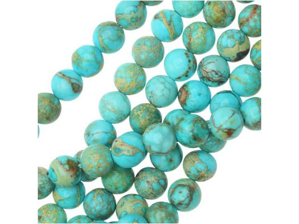 Add a splash of color to designs with these Dakota Stones impression jasper beads. These gemstone beads are perfectly round in shape, so they will work in a variety of designs. They are the perfect size for matching necklace and bracelet sets, so use them in jewelry sets. Impression jasper comes in a variety of colors. These beads have been dyed a bright aqua blue color, which creates a striking contrast with the tan and crimson matrix colors. Metaphysical properties: Impression Jasper is used to find clarity and inner peace.Please note that these beads are made from composite gemstones. Because gemstones are natural materials, appearances may vary from piece to piece. Each strand includes approximately 24 beads.