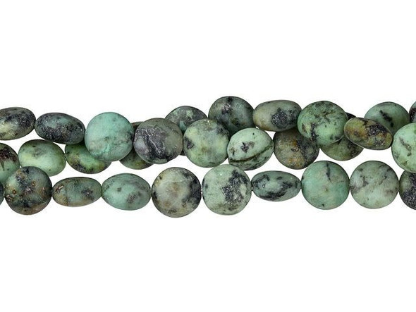 Classic gemstone beauty fills these Dakota Stones beads. These beads feature a versatile round coin shape. They feature turquoise blue and green colors with a black matrix and a muted matte finish. This stone is mined in Africa and is actually a type of spotted teal Jasper rather than turquoise. It is given its industry name because the matrix structure and shade is similar to that of turquoise. Metaphysical Properties: Often called the stone of evolution, African Turquoise Jasper encourages growth and development not only in the body, but in the mind. Some spiritualists believe that it will attract money to the wearer.Because gemstones are natural materials, appearances may vary from piece to piece. Each strand includes approximately 26 beads.