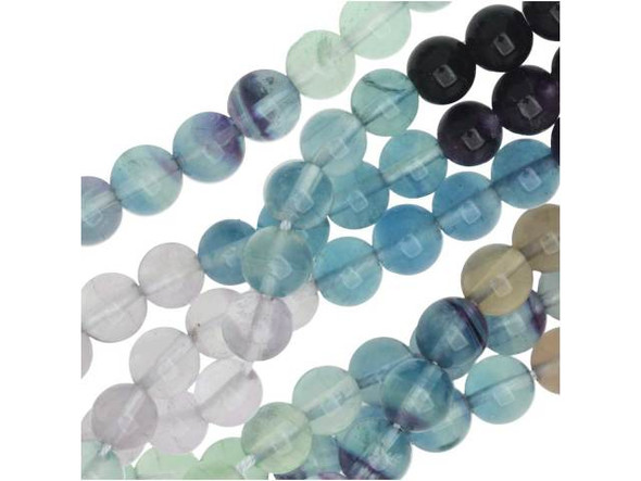 Decorate your jewelry with the colorful beauty of these Dakota Stones banded fluorite 8mm round beads. These spherical beads are perfect for adding to matching jewelry sets, as they are versatile enough to work in necklaces and bracelets. These beads feature purple, green, pink and blue colors. Often, more than one color occurs in a single stone. Fluorite is a colorful mineral, both in visible and ultraviolet light. The stone has ornamental, lapidary and industrial uses. Metaphysical Properties: Known as the "Genius Stone," fluorite clears the mind of illusion and enhances concentration.Because gemstones are natural materials, appearances may vary from piece to piece. Each strand includes approximately 24 beads.