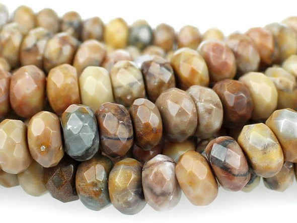 Add dimension to your style with the Dakota Stones 8mm Venus japer faceted roundel beads. These beads feature a rounded shape with diamond-shaped facets cut into the surface for texture and shine. They are perfect for using in matching necklace and bracelet designs. Use them as spacers between larger beads. These gemstone beads feature warm, earthy tones like beige, peach, brown and gray. They are sure to add soothing style to your designs. Venus Jasper takes its name from the planet Venus, which was named for the Roman goddess of love and beauty. It is also referred to as orbicular rhyolite. Metaphysical Properties: Jasper is a stone used from grounding, stability, strength and healing.Because gemstones are natural materials, appearances may vary from piece to piece. Each strand includes approximately 24 beads.