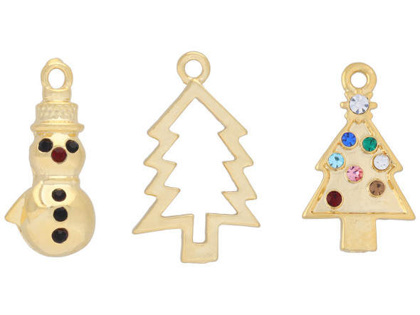 Decorate your designs with this assortment of holiday charms. This set of three charms comes with a snowman, a frame outline of a tree, and a Christmas tree decorated with small crystals. All of the charms feature loops on the top so they can easily be added to your designs. These charms feature a golden shine. All charms have a hole size of about 2.0mm Charm Dimensions: Snowman 20 x 10mm, Frame Tree 23 x 14mm, Color Tree 20 x 12mm 