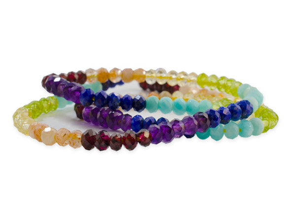 This Dakota Stones Chakra Stones 4mm Faceted Rondelle Bead Strand contains 7 different varieties of gemstones representing the different Chakras. The included gemstones are Amethyst, Lapis, Amazonite, Peridot, Citrine, Sunstone and Red Garnet.  These beads feature a versatile rondelle shape. Each strand includes approximately 140 beads, with about 20 in each color. Size: 4mm Hole Size: 0.8mm